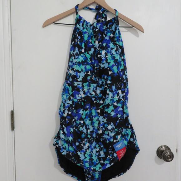 Speedo Womens Sz XXL Blue Pattern One Piece Swimsuit High Neck Tie Back Swimwear - Picture 2 of 7